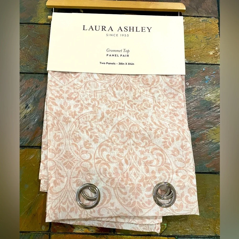 Laura Ashley Grommet Top Taupe White Floral Sheer Curtain Panel Pair 38